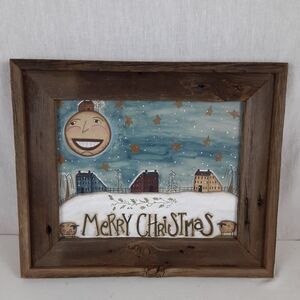 Primitive Merry Christmas Winter Canvas Hand Painted w/ Barn Siding Frame